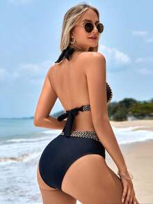 Bikini de baño tipo halter con ribete en contraste - Negro - Ver 2