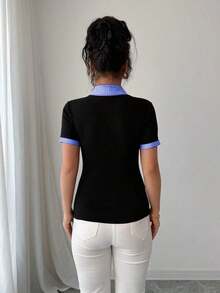 Camiseta casual de negocios de estilo vintage 2 en 1 para mujer, adecuada para la oficina, temporada de regreso a clases - azul y negro - Ver 2