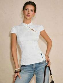 Blusa elegante con hebilla Pipa, estilo chino nuevo, para verano - Blanco 2 - Ver 5