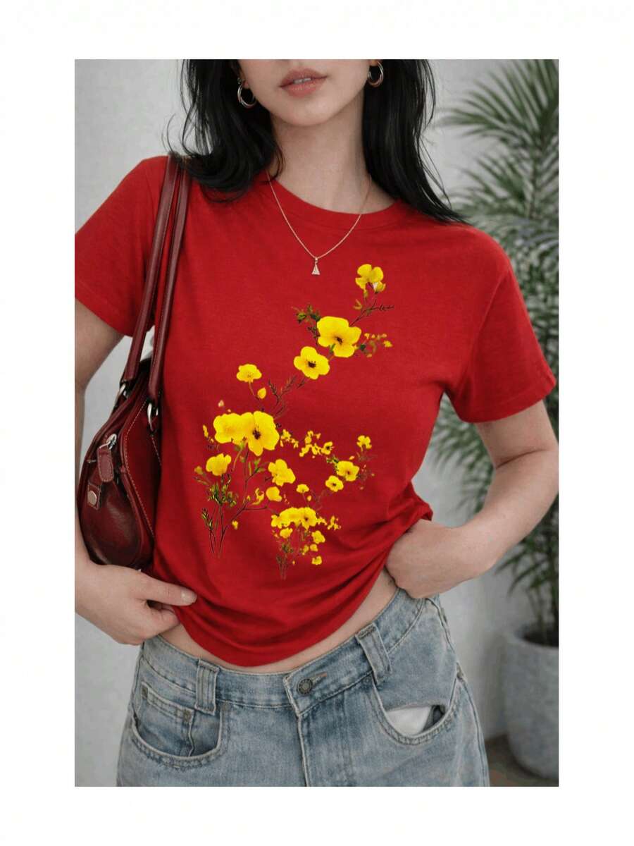 Women's Yellow T-Shirt With Minimalist Floral Print, Soft To The Touch, Short Sleeves, Round Neck, Ideal For Spring, Summer, Casual, Everyday And Comfortable - [紅色的] - 查看 1