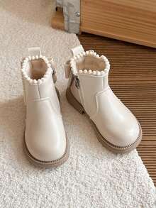 1 Pair Girls' Pom Pom Zipper Princess Ankle Boots, Soft Sole Anti-Slip, Versatile, Autumn/Winter New Arrival - Beige - View 1