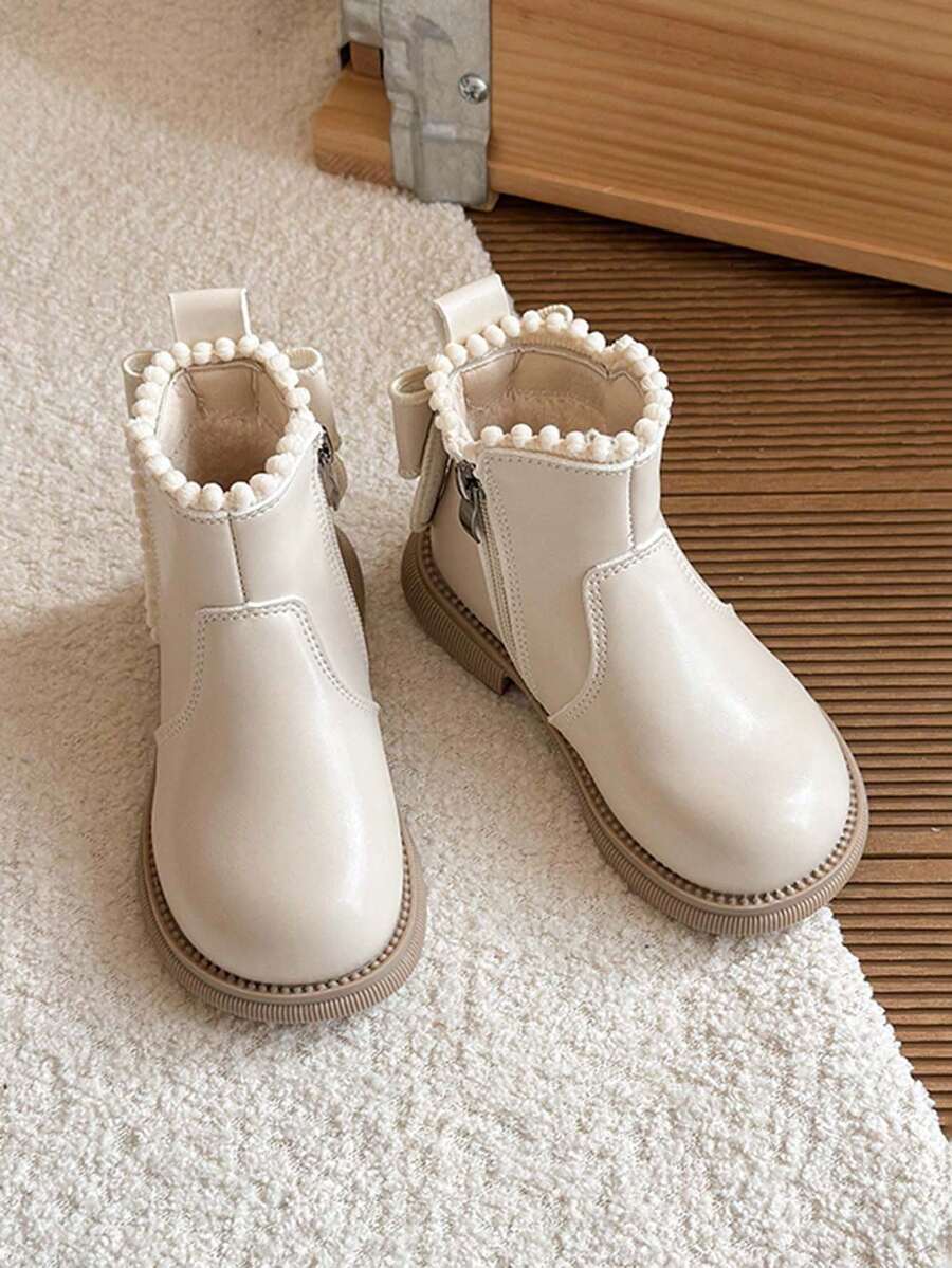 1 Pair Girls' Pom Pom Zipper Princess Ankle Boots, Soft Sole Anti-Slip, Versatile, Autumn/Winter New Arrival - Beige - View 1