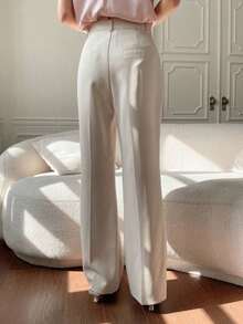 Pantalones rectos de unicolor de estilo casual y de negocios, pantalones de vestir de tiro bajo para mujer - Albaricoque - Ver 5