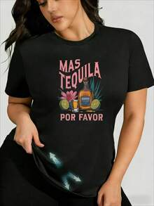 Playeras de mujer de algodón manga corta cuello redondo estampado Mas Tequila Por Favor estilo casual para verano - Negro - Ver 6