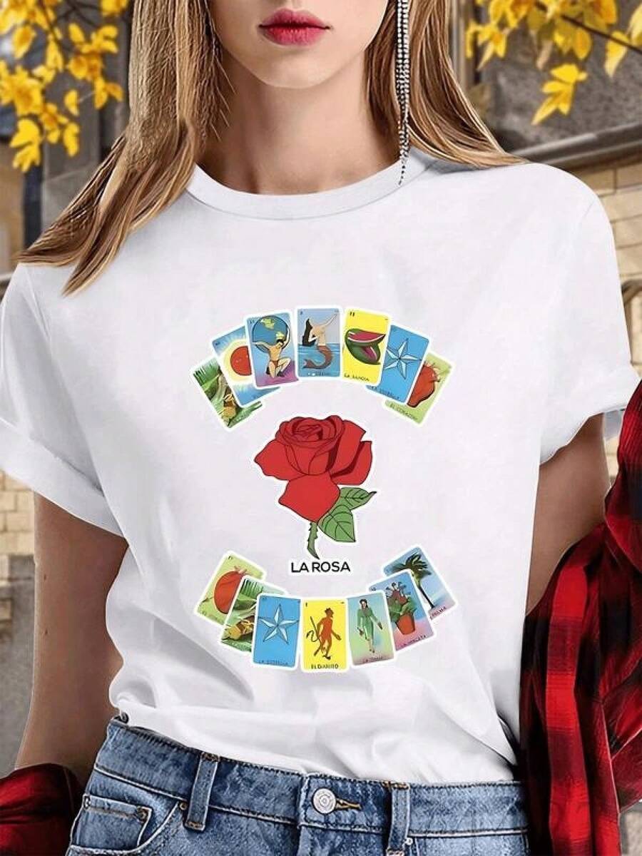 Camiseta estampada 2026Rose Surrounded By Mexican Lottery Cards Representing Symbols Of Fortune, Love, And Positive Energy On A Colorful And Traditional Print Women's T-Shirt, 100% Cotton,Camisetas para hombre, camisetas para mujer, camisetas modernas para el día a día, camisetas del Mundial 2026, camisetas estampadas, ropa de Pascua, regalos para fans del anime. - Blanco - Ver 1
