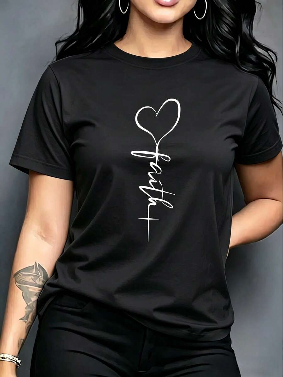 Women's Casual Summer T-Shirt, Round Neck, Short Sleeve, Polyester, Regular Fit, With Heart Print, Ideal For Lounging At Home, Parties And Casual Wear. - 黑色 - 查看 1