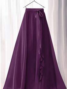 Rok Maxi A-Line Wanita Warna Polos Elegan dengan Hiasan Renda Bunga/Ruffle dan Tali Pinggang untuk Musim Panas - Purple - View 5