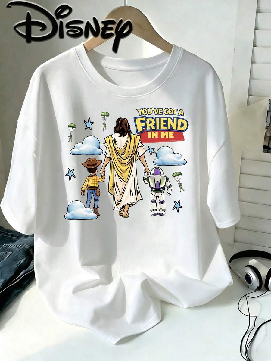 Official Disney Licensed | Toy Story "You've Got A Friend In Me" Heart‑Warming Cartoon Print Women's Crew Neck Short Sleeve T‑Shirt - Gentle Healing Style, Soft & Breathable Fabric, Classic Crew Neck Design, Ideal For Vacation, Travel & Daily Casual Wear - trắng - Xem 1