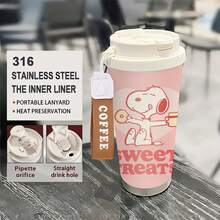 Miniso Cốc cà phê cách nhiệt bằng thép không gỉ màu hồng hình Snoopy trong phim Peanuts, có quai xách, nắp chống tràn, thiết kế uống kép và độ bền cao, thích hợp sử dụng hàng ngày. - Nhiều màu - Xem 2