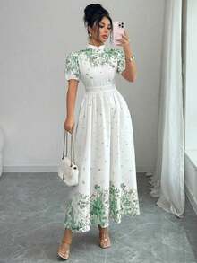 sfvsElenzga Vestido elegante de mujer con estampado floral, cuello alto y mangas cortas con pétalosvfdw HAFL - Verde - Ver 5