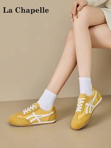 La Chapelle Women's Thick Sole Lace-Up Soft Bottom Casual Sneakers, Low-Top Flat Outdoor Commuter Shoes, Round Toe Low Heel Solid Color Elegant Soft Bottom Hiking Shoes, Suitable For Students Graduation Photo, Women's Low-Top Microfiber Sports Skateboard Shoes - Lemon Yellow - View 8