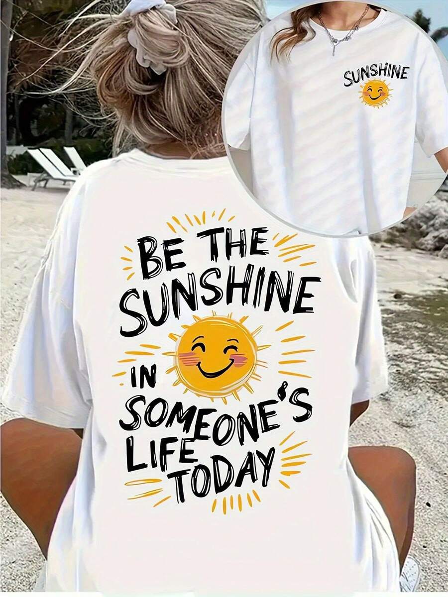 Minimalist. 100% Cotton. 1 Piece. [Double-Sided Printing]Women's Short-Sleeved T-Shirt - "Be Someone's Sunshine Today" Print On Both Sides, Breathable Casual Top With Round Neck, Suitable For Spring, Summer And Autumn, Machine Washable, Comfortable Casual Wear, Funny Patterned T-Shirt, Sunshine-Themed Clothing, Soft Fabric T-Shirt. Spring/Summer Top. - 白色 - 查看 1