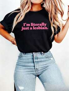 Camiseta Retro Confortable Orgullo Lésbico, Camiseta 'Literalmente Soy Solo Una Lésbica', Regalo por los Derechos Lésbicos, Camiseta de Justicia Social, Camiseta de Apoyo LGBTQ, Camiseta de Algodón Grueso de Manga Corta, Estampada con Gráficos, Casual para Mujer - Negro - Ver 7