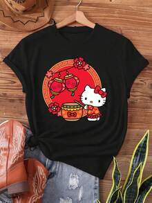 Camiseta de Mujer con Temática de Año Nuevo de  - Linda camiseta de Año Nuevo Chino, con el icónico diseño de  tocando el tambor, de manga corta y cuello redondo, ideal para usar en primavera y verano y como regalo. | Diseño exquisito |   Suelto y cómodo |   Fácil de combinar | - Negro - Ver 7