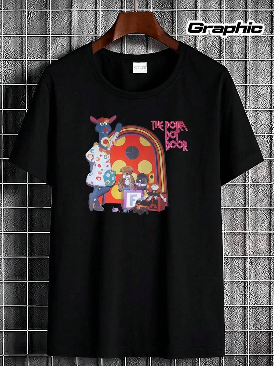 Camiseta de la serie de TV Polka Dot Door 70s, estilo vintage lavado, ropa urbana para hombre, versátil, elegante, transpirable, ligeramente elástica, ropa de diseñador, cómoda, a la moda, suave, con estampado gráfico, informal, unisex, para atuendos casuales. - Negro - Ver 1