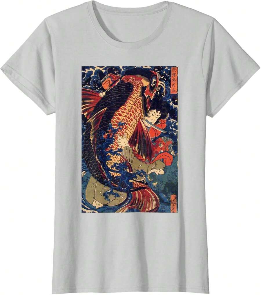 Japanese Fighting The Giant Carp T-Shirt - 銀 - 查看 1