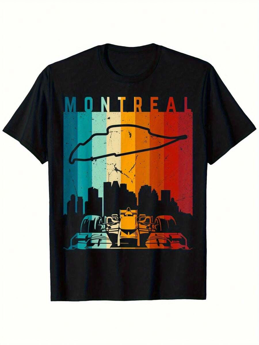 Camiseta Vintage de la Pista de Carreras de Fórmula de Montreal - Camiseta Unisex Suave con Gráfico Retro del Horizonte Urbano y de un Coche de Carreras, Comodidad para Todas las Temporadas, Lavable a Máquina, Regalo Perfecto para Fanáticos del Deporte de Motor (Negra), Camiseta de Coche de Carreras, Ropa Cómoda, Cuello Redondo Clásico - Negro - Ver 1