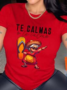 Women's Cotton T-Shirts, Vintage LUNE T-Shirt For Mom, Casual Short Sleeve Crew Neck T-Shirt With Funny Letter Print For Women, Graphic Blouses - 紅色 - 查看 1