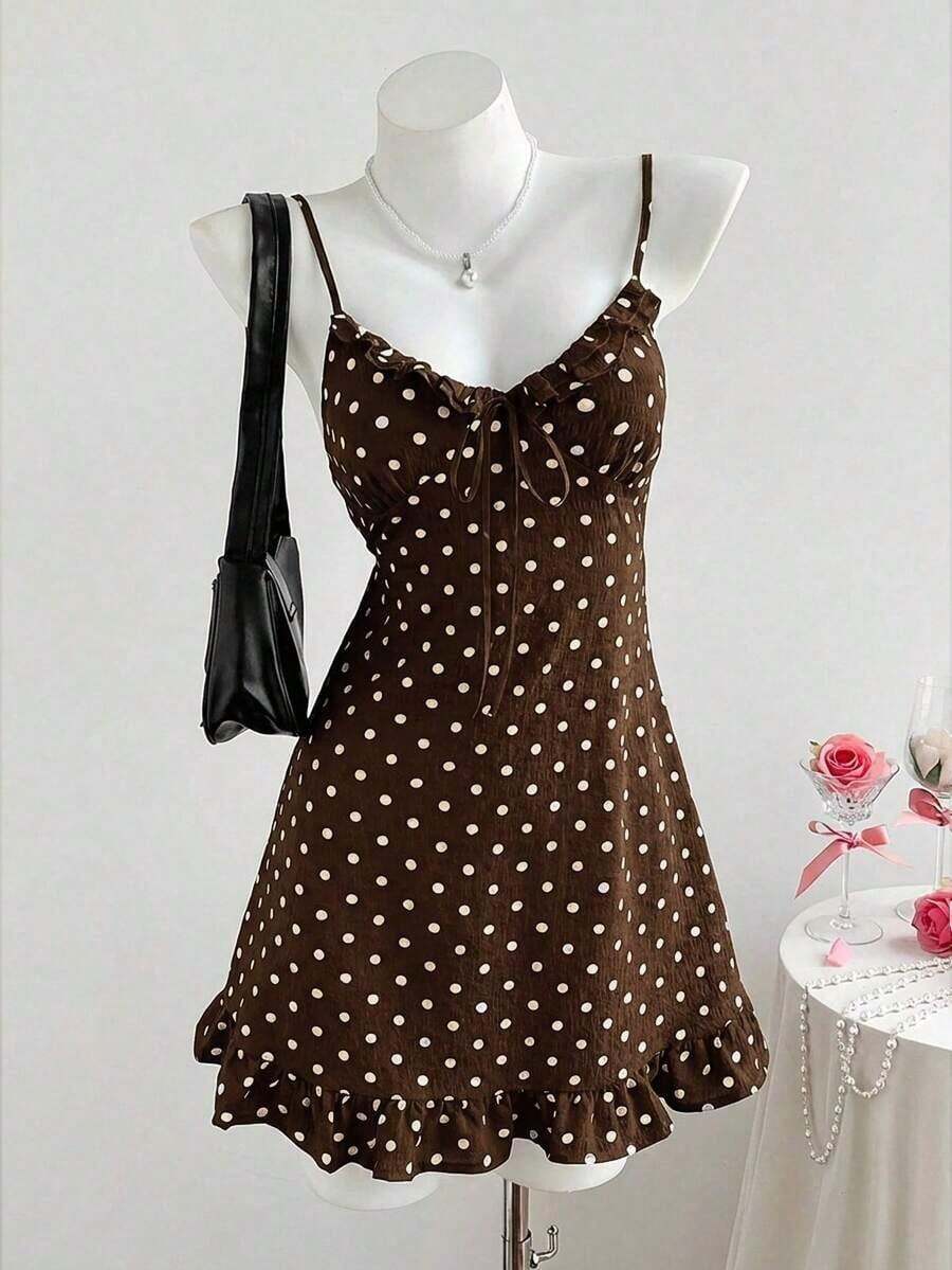 Vestido de tirantes con estampado de lunares, volantes en el bajo y lazo delantero para mujer - Marrón - Ver 1
