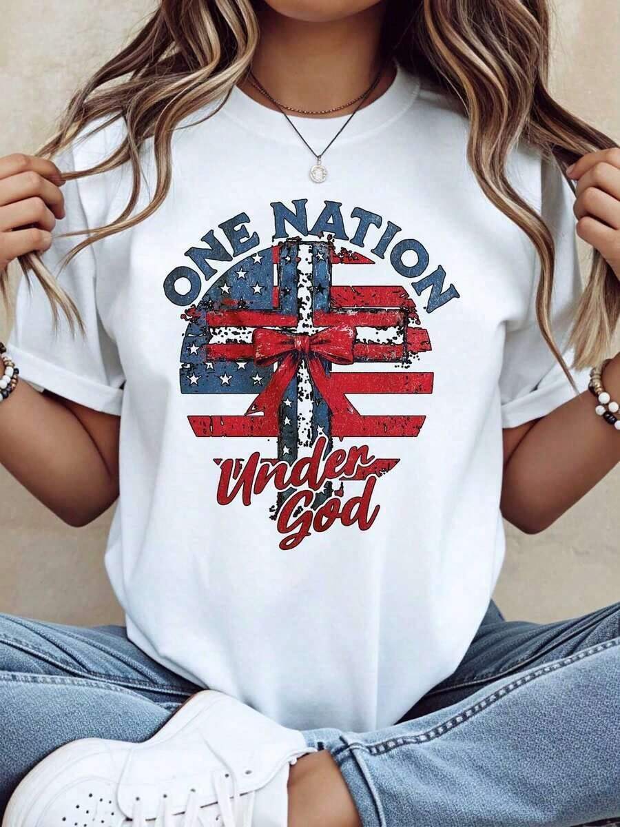 1 Piece Patriotic T-Shirt With American Flag "One Nation Under God" For Women, For Independence Day Celebration July 4, Casual Graphic T-Shirt, 220g/180g 100% Cotton. - 白色 - 查看 1