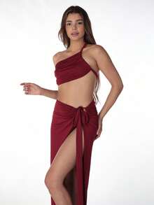 Conjunto de 2 piezas de top de hombro oblicuo y falda de unicolor minimalista, elegante para el verano - Burdeos - Ver 5