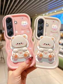 1 chiếc ốp lưng điện thoại thiết kế hình mèo dễ thương sáng tạo với giá đỡ hình gấu xoay 360°, mặt lưng tráng gương lượn sóng, tương thích với Apple 7/8/X/XR/XS Max/11/12/13/14/15/16/17 Pro Max và A14/A15/A16/A17/A04/A05/A06/A07/A54/A55/A56/A34/A35A/36/S25/S25 Plus/S25 Ultra, A54, Moto G13/14/15, ốp lưng mềm mại bao phủ toàn diện. - Hồng - Xem 2