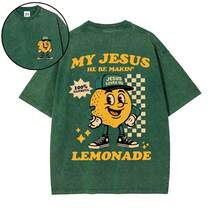 Mi Jesús Está Haciendo Limonada |   Camiseta cristiana vintage lavada con diseño de dibujos animados, ropa de calle cristiana retro con estampado de tablero de ajedrez - Verde - Ver 1