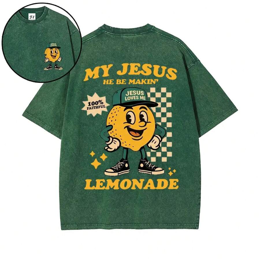Mi Jesús Está Haciendo Limonada | Camiseta cristiana vintage lavada con diseño de dibujos animados, ropa de calle cristiana retro con estampado de tablero de ajedrez - Verde - Ver 1