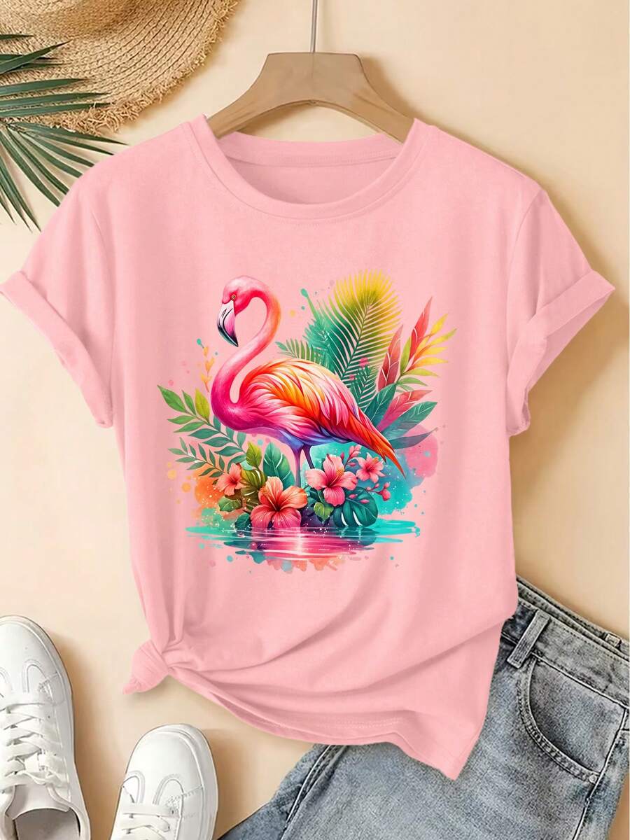 Women's Vintage Flamingo Print T-Shirt - Soft Retro Short Sleeve Top Compatible With Blouse | Not Suitable For Spring, Summer And Autumn Casual Wear | Machine Washable Youthful Blouse Style For Everyday Outfits And Workout Clothes - 羅莎 - 查看 1