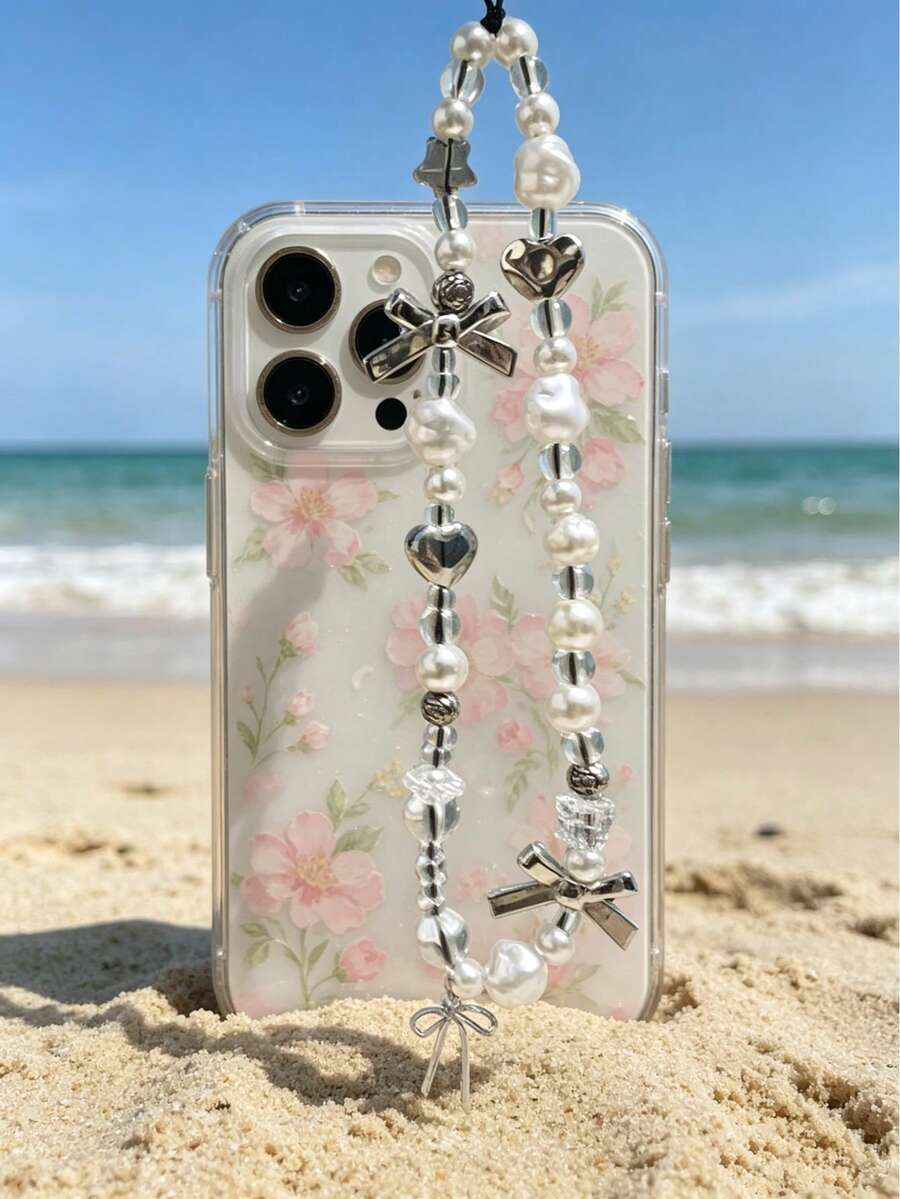 Cordão de telefone elegante em prata com coração & laço e pérola, cordão pendente de luxo barroco com pérolas irregulares, coração delicado em prata, laço & decoração de rosa, detalhes em contas de cristal, vibração suave & romântica. Compatível com todas as capas de telefone, acessório para férias na praia, uso diário versátil, design de nicho de alta gama, adequado para presente ou uso pessoal, durável & resistente, pingente decorativo essencial para rapariga doce & cool - Branco - Ver 1