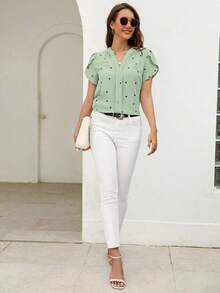 Blusa de mujer de escote en V con estampado de corazón y mangas con volantes para el verano y la playa - Verde - Ver 5