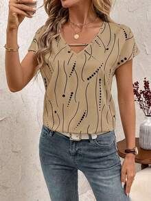 Blusa de mujer con detalles de rayas de contraste y calados, top de manga corta - Caqui - Ver 6
