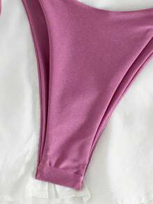 New Fashionable Sexy Solid Color Bikini, Women Strap-Tie Split Swimwear, For Summer Beach Vacation - Dusty Pink - View 7