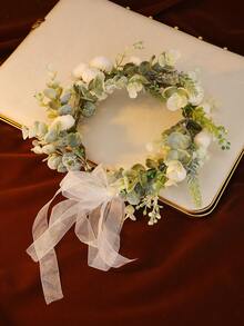 1pc White Faux Flower Wreath Headband, Princess Style Green Leaf Hair Hoop, Vacation Outfit Accessory, Bridal Flower Crown Decor,Hair Garland,Head Wreath - Green - View 5