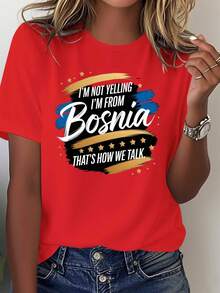 Women's Bosnia Themed T-Shirt - Solid Color Fitted Design Humorously Featuring Funny Stories From The Bosnian Conflict - A Unique And Fun Casual T-Shirt With "Anecdotes From The Area" For History And Humor Lovers. - 紅色 - 查看 7