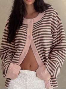 Soft Pink & Brown Striped Cardigan, Round Neck Loose Contrast Color Knit Jacket, Commuting Casual Versatile Top Fall - Multicolor - View 1