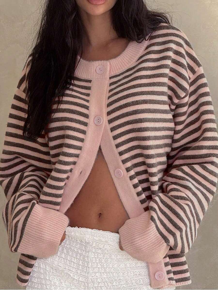 Soft Pink & Brown Striped Cardigan, Round Neck Loose Contrast Color Knit Jacket, Commuting Casual Versatile Top Fall - Multicolor - View 1