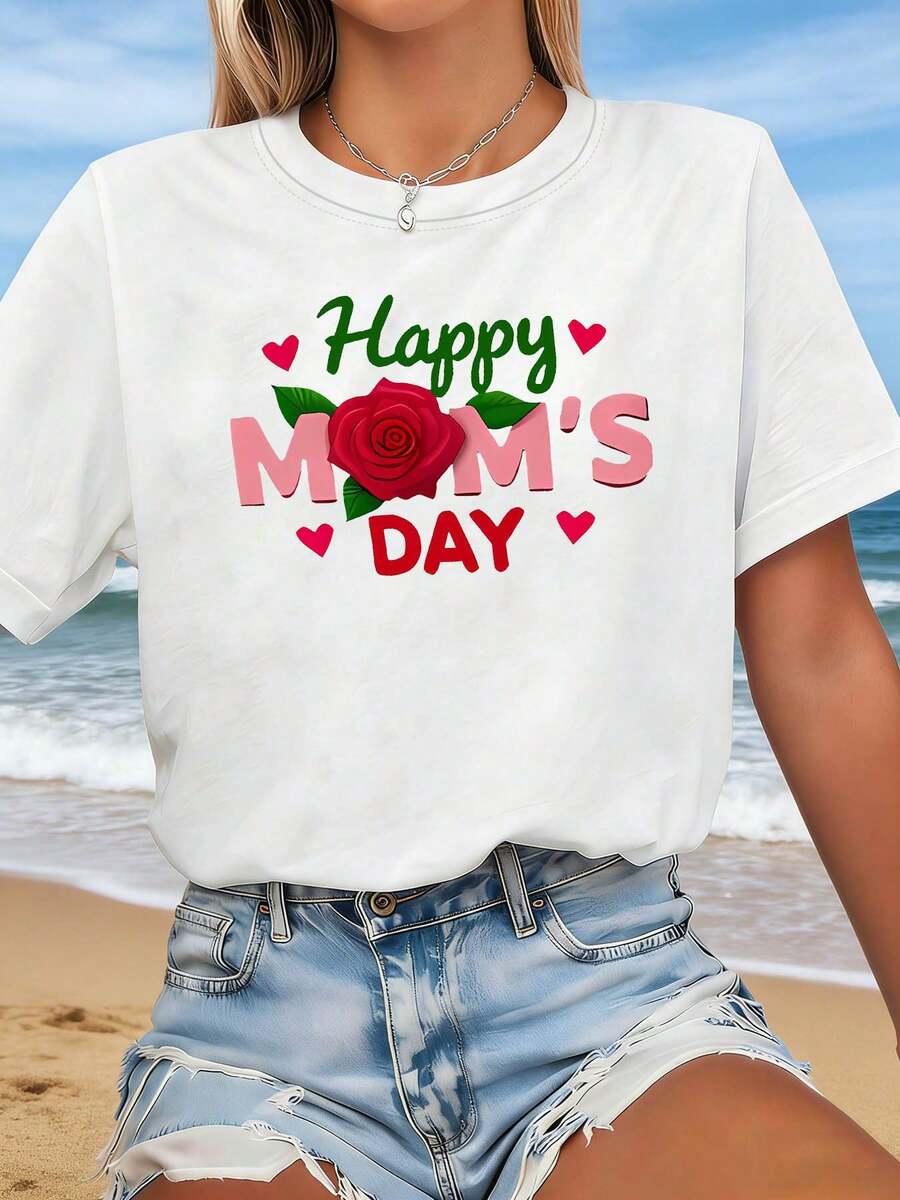 Camiseta de mujer, diseño estampado con el eslogan del Día de la Madre "Feliz DÍA DE LA MAMÁ", talla grande, camiseta de mujer para primavera/verano. Perfecta para regalos del Día de la Madre, reuniones familiares y para expresar gratitud a las madres. Manga corta, adecuada para uso diario y para ir al trabajo, 100% algodón puro. - Blanco - Ver 1
