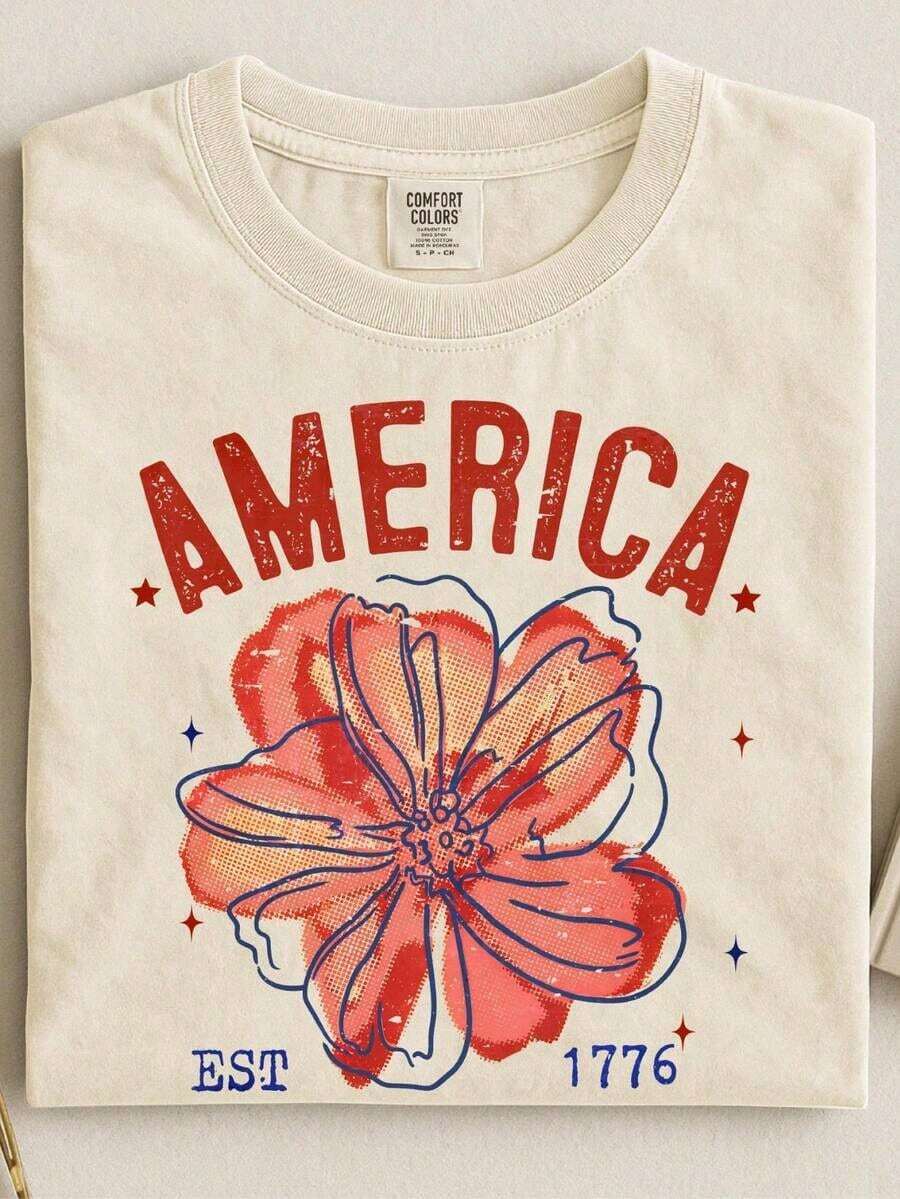 1 July 4th T-Shirt, Patriotic US Independence Day T-Shirt, Women's Fashionable Printed T-Shirt For All Seasons, Casual Short Sleeve T-Shirt For Women, Ideal For Gift, Holidays, Holidays, Daily Wear, 180g 100% Cotton. - 5號白 - 查看 1