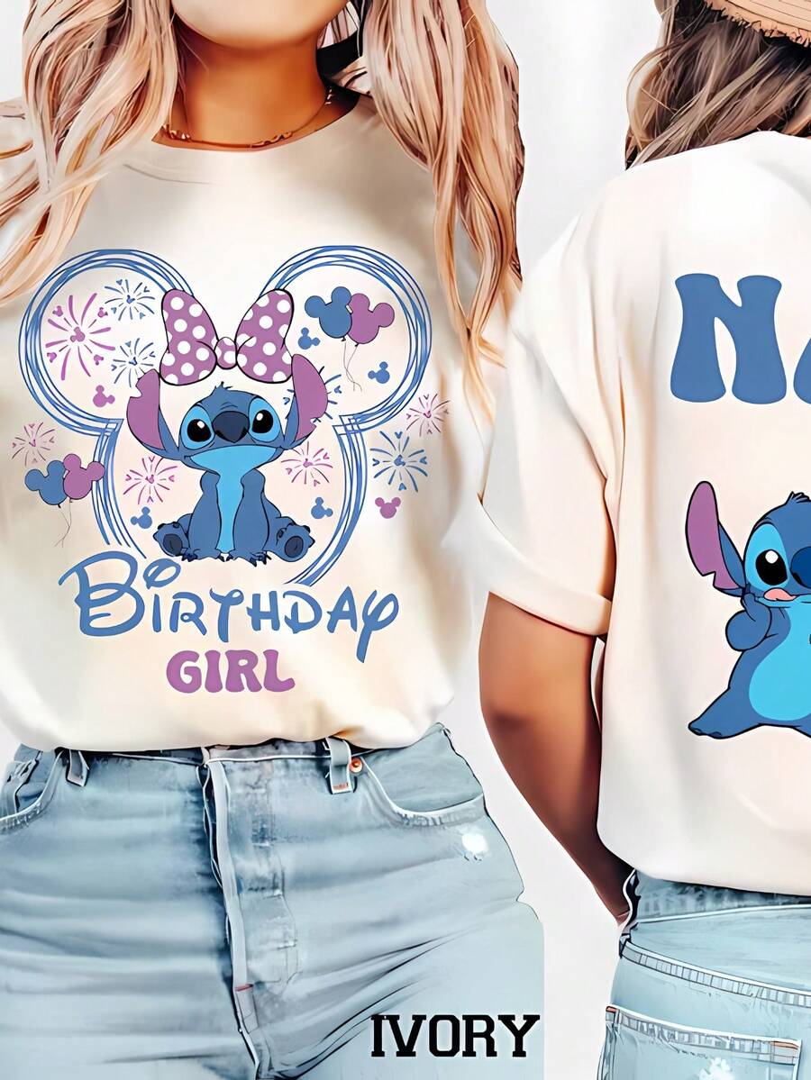 Disney Stitch Personalized Birthday Tops De Mujer, Customizable Name & Age Short Sleeve T-Shirt, Summer Tops For Women, Casual Loose Fit Vacation Outfits Women, Magical Lilo & Stitch Theme Park Tee, Comfortable Crewneck For Summer & Travel - trắng - Xem 1