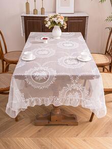 1pc Elegant French Floral Lace Trim Tablecloth, Fresh And Chic Decor - White - View 6