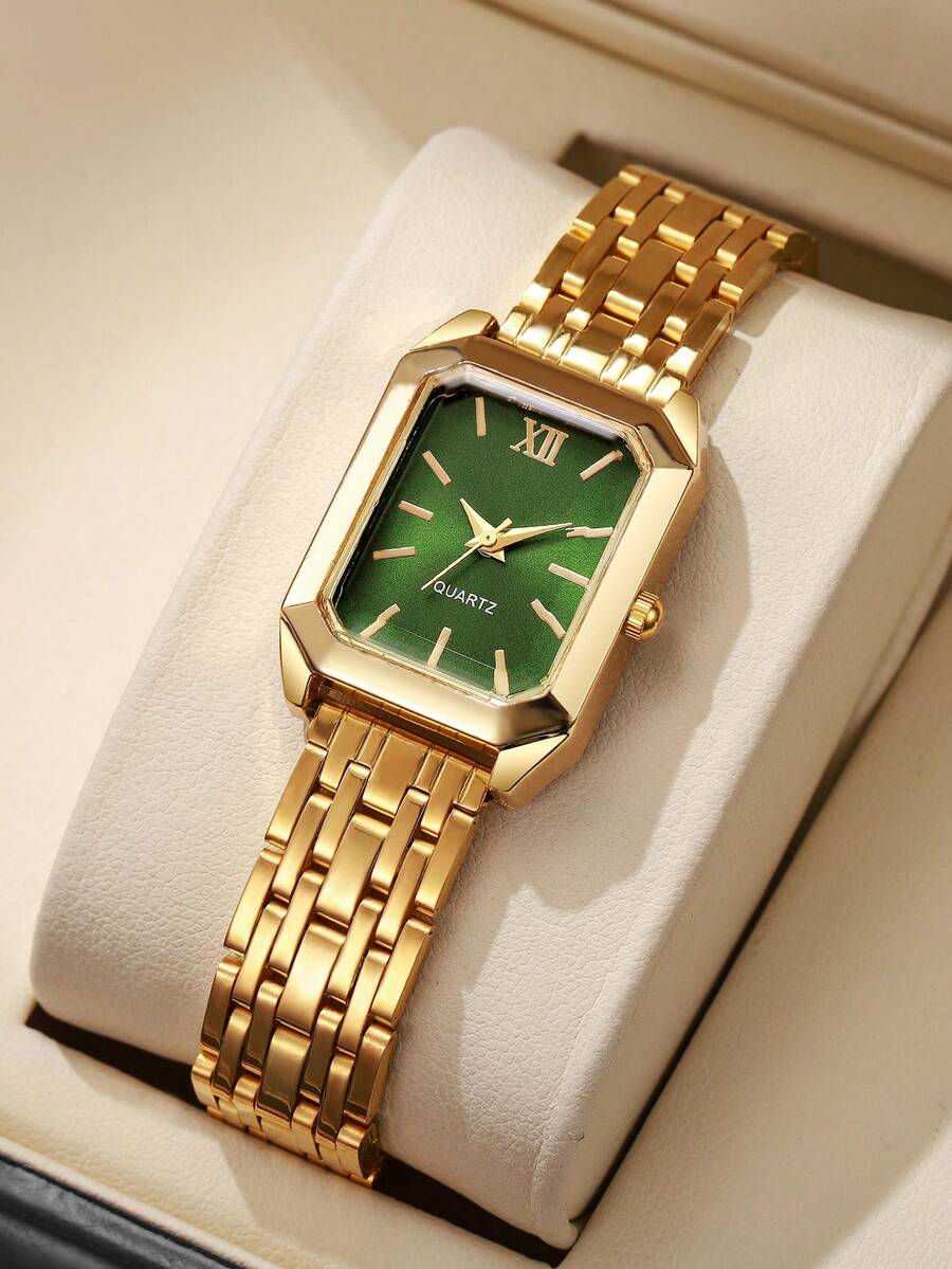1pc Women's Fashion Square Roman Numeral Dial Quartz Wrist Watch, Classic Elegant Style (Watch Only, No Box) - Gold - View 1