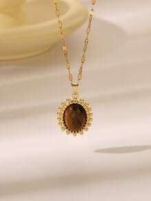 1 pieza Collar con colgante de ojo de tigre de piedra vintage elegante, diseño de corazón, redondo, ovalado, joyería de cadena de clavícula para mujer, accesorio de moda para uso diario y fiesta, mejor regalo para amiga - Dorado - Ver 4