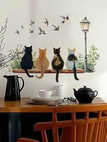 Healing Cat Silhouette Waterproof Oilproof Wall Sticker, 4 Different Floral Patterns, Warm And Healing Atmosphere, Kitchen/Bathroom Tile Renovation Tool, Cute Pet Warm Self-Adhesive Wall Decor Sticker - Wall Stickers - View 12