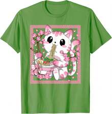 Camiseta Kawaii Cat Ramen Anime Japanese Cherry Blossom para mujeres y niñas - Hierba - Ver 4