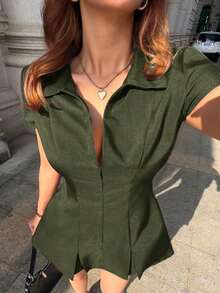 Vestido corto de mujer de diseño nuevo con cuello con cremallera, plisado, manga corta, minimalista, casual, versátil, elegante, para oficina, ajustado, vestido casual de negocios para mujeres para el trabajo, vestido de oficina para mujeres profesionales, vestido casual de negocios para mujeres - Rosa - Ver 5