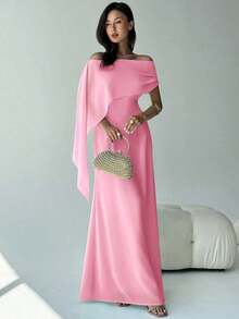 Nuevo vestido de hombros descubiertos con cuello de barco, ajuste ceñido y fluido con detalle de lazo, versátil para cumpleaños, fiesta, cóctel, color verde - Rosa - Ver 8