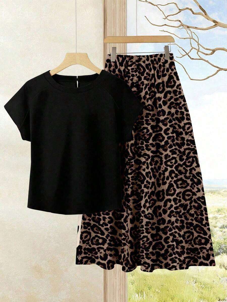 2 piezas Conjunto casual de verano para mujer con parte superior de unicolor + falda estampada, conjunto de verano para mujer, conjunto de falda y blusa, conjunto de falda y blusa para mujer, conjunto de falda estampada, conjunto de prendas con estampado animal para mujer, conjunto casual de 2 piezas para mujer - Multicolor 2 - Ver 1