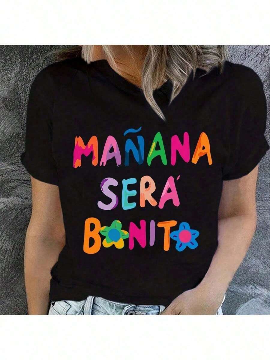 1 Piece Of Letter Print T-Shirt, Short Sleeve, Round Neck, Casual Top For Summer And Spring, Women's Clothing, Casual Digital Print, 220g, 100% Pure Heavy Cotton, Women's T-Shirts, 180g, 100% Cotton. - 黑色 - 查看 1