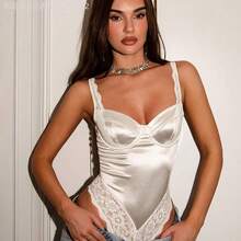 Soqi Women's Clothing  Body sexy y elegante de encaje transparente y satén con copa con aros especial y volantes en el bajo con tirantes de espagueti para mujeres - Café integral - Ver 4